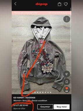 VINTAGE RARE- Ed Hardy Gray Floral Koi Zip Hoodie with Pink Logo